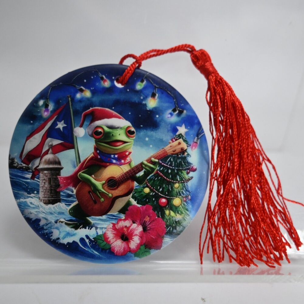 Ceramic frog with guitar great colors doublesided Christmas ornament puerto Rico